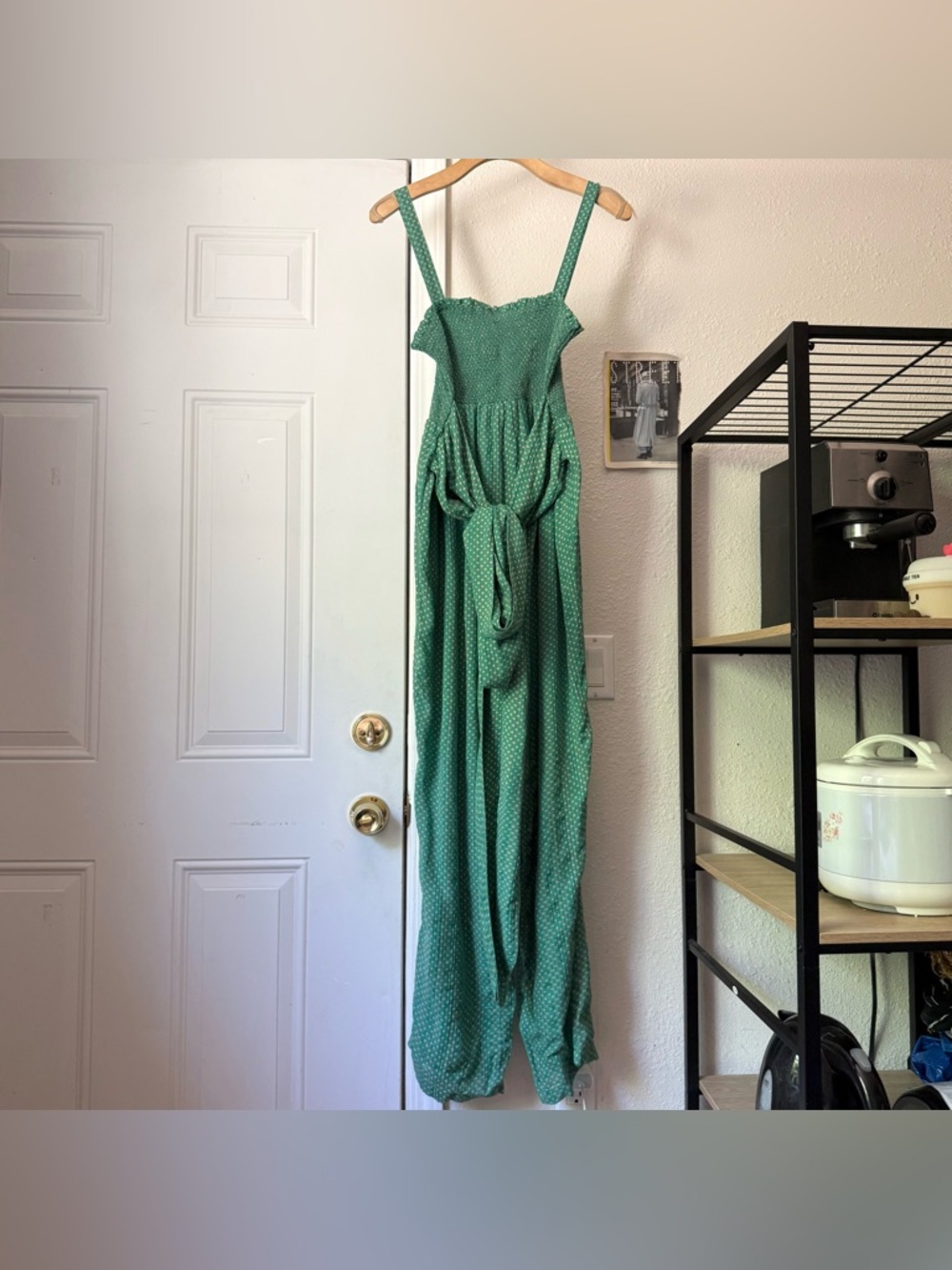 HATCH green dot smocked bodice tie waist cotton wide straight leg jumpsuit